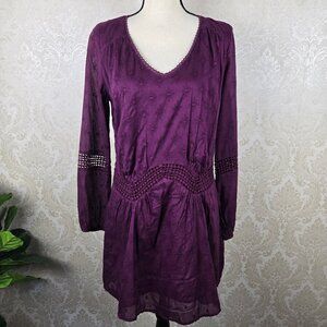 Roxy Size Small Maroon Swing Dress Vneck Long Sleeve Embroidered Lightweight